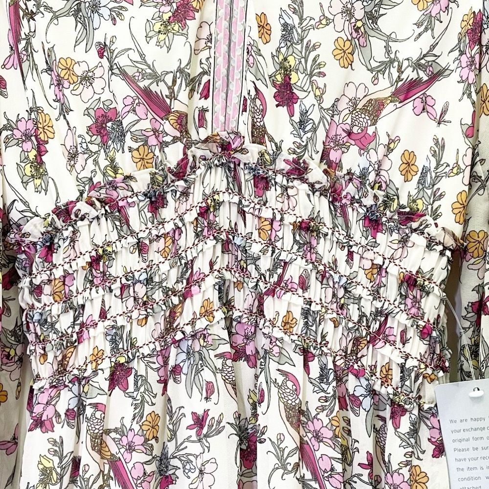 NWT Max Studio Smocked Cream Pink Floral Bird Print Mini Dress Size Medium NEW - Picture 8 of 14